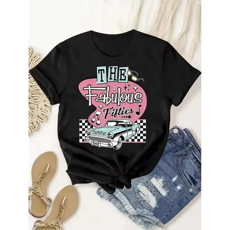 【New Style】Fashionable Black Round-Neck T-Shirt with Exquisite 50S Retro Car Pattern Design, Lightweight 【New Style】Fashionable Black Round-Neck T-Shirt with Exquisite 50S Retro Car Pattern Design, Lightweight