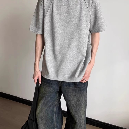 Summer heavy space cotton solid color short-sleeved T-shirt for men and women Korean style cleanfit loose round neck half-sleeved T-shirt