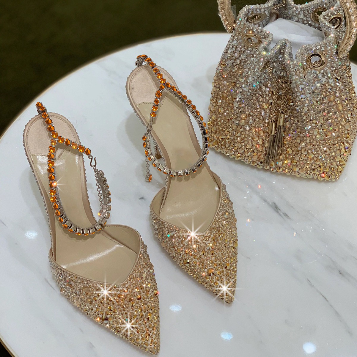 Senior sense gradient full diamond glass slipper fairy high heels diamond sandal wedding shoes_voghion.com