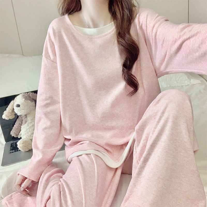 Mousse Cashmere Pajamas Women's Autumn and Winter Sweet Casual Round Neck Long-Sleeved Pants Thin Velvet Girls Home Wear Set