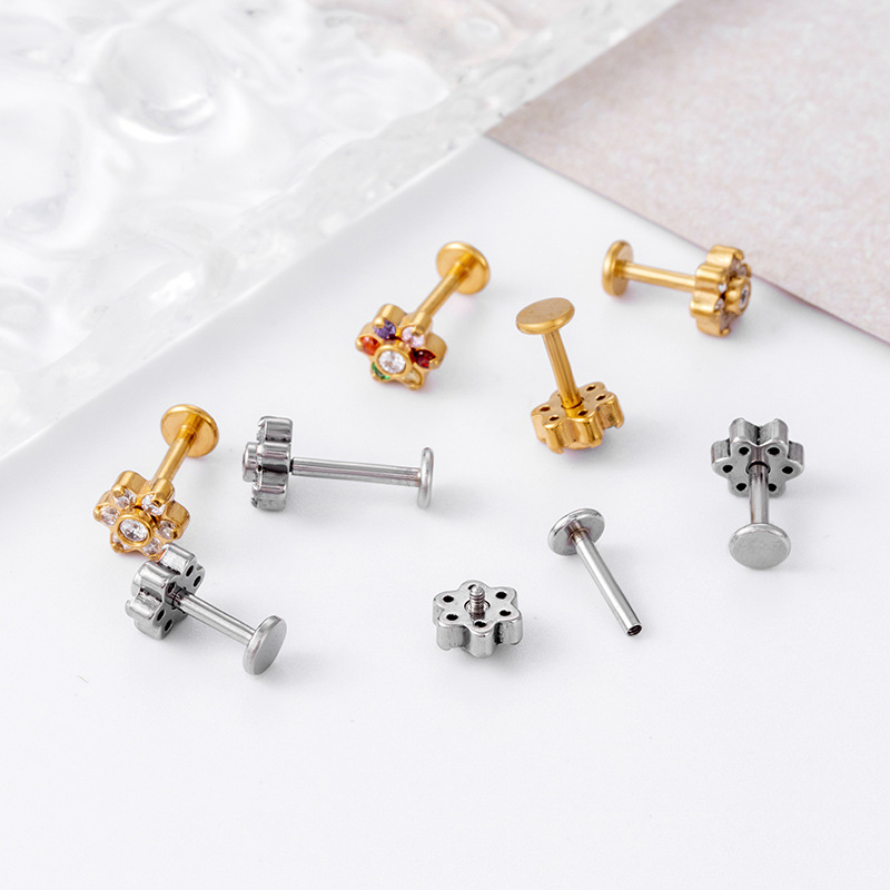 Fashion Flower Stainless Steel Plating Inlay Zircon lip stud 1 Piece