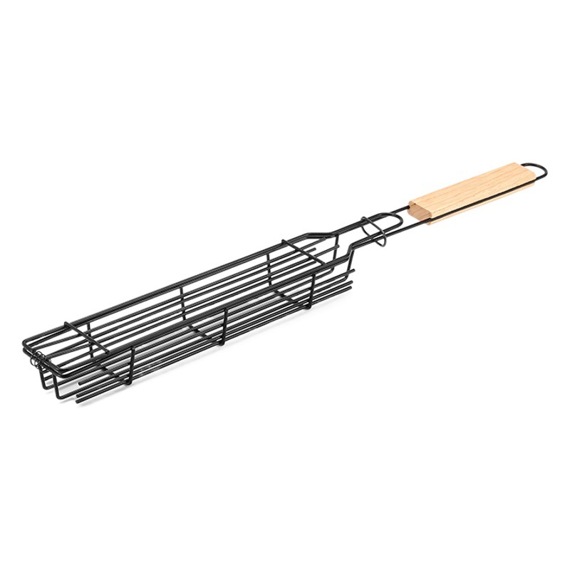 Wooden handle barbecue cage barbecue net sausage hot dog basket BBQ Barbecue net camping barbecue tools barbecue clip grill rack