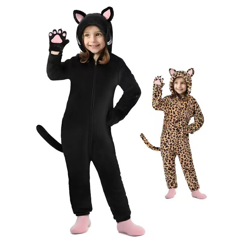2025 New Autumn and Winter Flannel Anime with Cat Claw Black Cat Leopard Cat Children's Animal One-Piece Pajamas Home Clothes