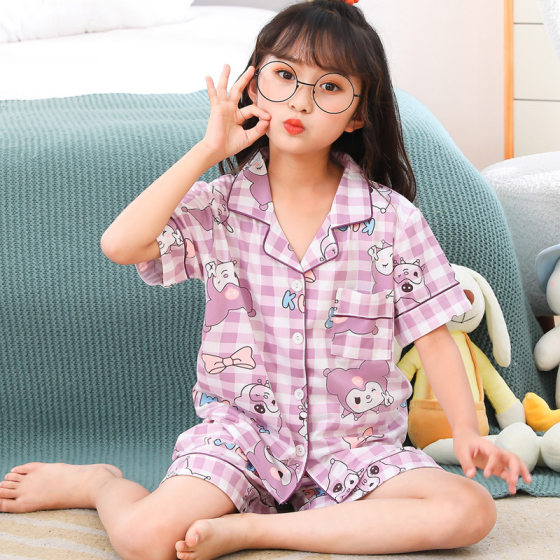 Children's Pajamas Summer 2025 New Girls' Home Clothes Short-sleeved Lapel Big Children's Baby Little Girls suit Summer