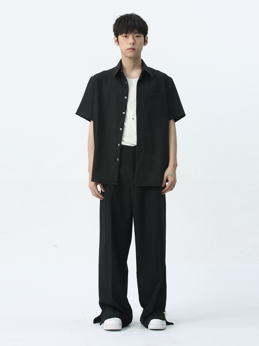 MTLCLOTHES Hombres| 2024 primavera nuevo color sólido retro textura contorno camisa de manga corta pantalones largos