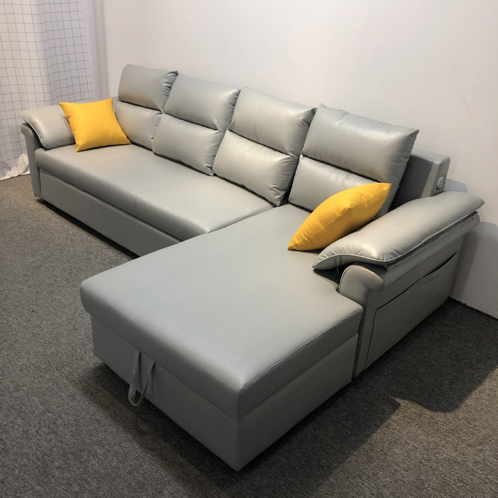 Tecnología de tela de esquina sofá correa de almacenamiento VIP simple sala de estar moderna pequeña combinación de sofá cama plegable doble uso