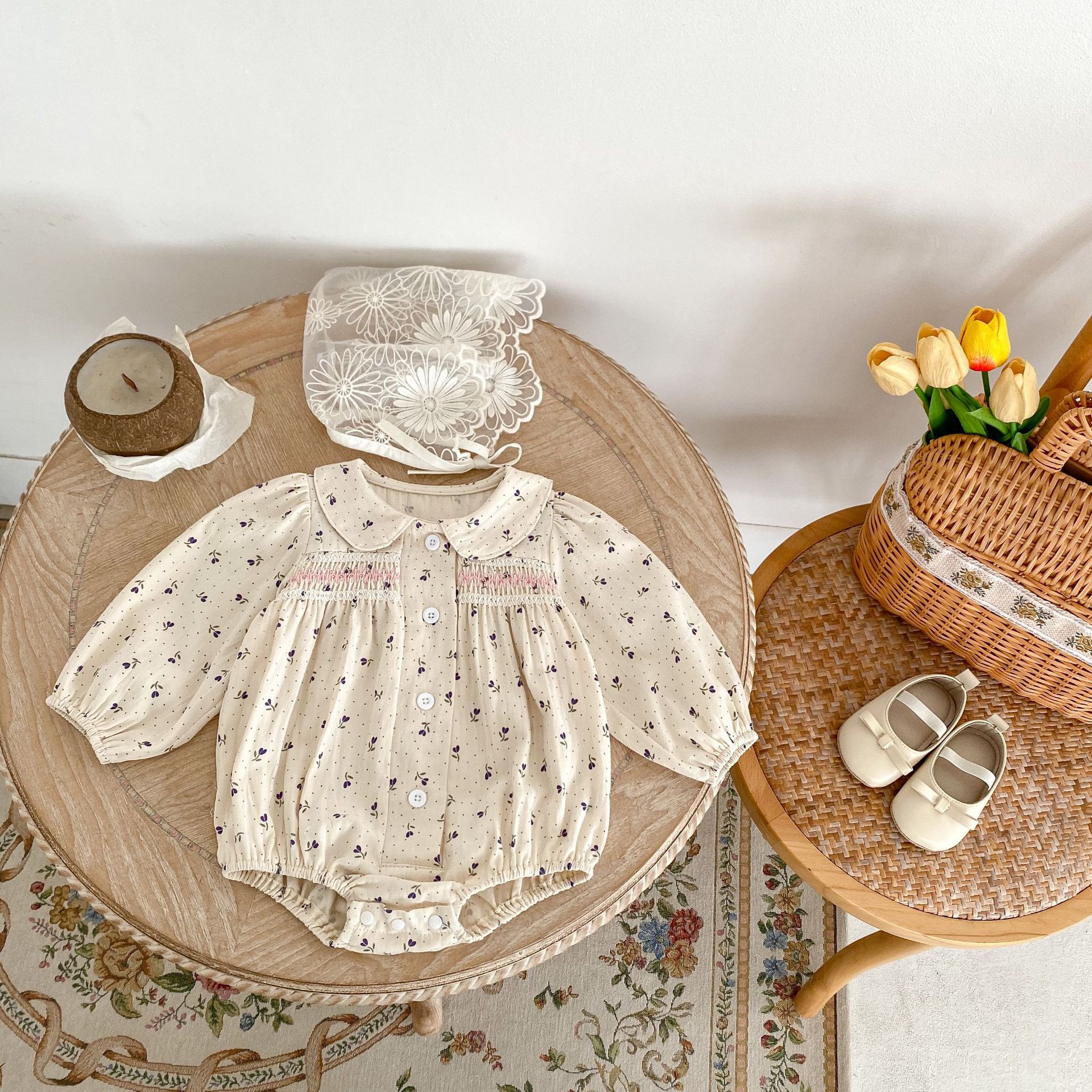 Cotton children's clothing 2024 autumn new item for infants and young girls, long sleeved khaki, wavelet dot flower_voghion.com