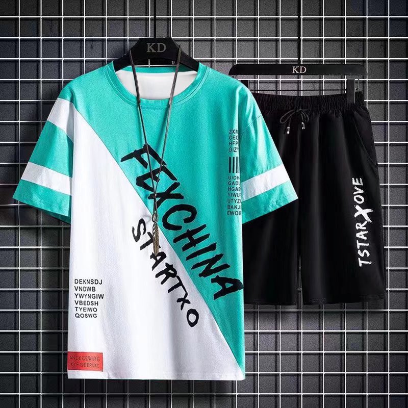 Traje de verano de los hombres de secado rápido de manga corta Camiseta pantalones cortos casual traje deportivo adolescentes coinciden con un conjunto de guapo