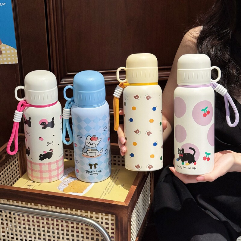 新しい 1 カップ 3 ドリンク魔法瓶カップかわいい漫画の女の子の水カップ学生ポータブルスクールサイドポケットステンレス鋼カップ|undefined