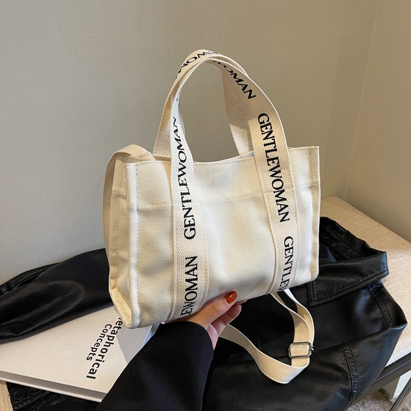 Lifestyle Canvas Handbag Women's New Forest System Single Shoulder Tote Bag Simple Letter Single Shoulder Crossbody Small Square Bag