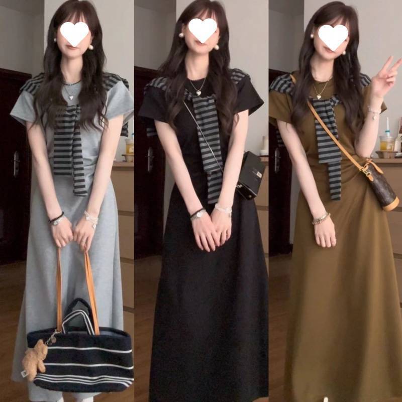 オリジナルストリートスタイルミニマリストスタイル夏半袖ラウンドネックショールドレスファッショナブルなスリムレトロ韓国スタイルロングスカート女性用|undefined