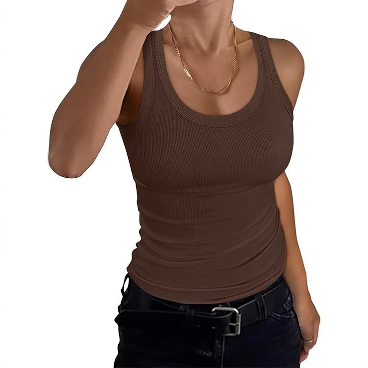 2025 Amazon Women's Low Round Neck Rib Casual T-Shirt Sleeveless Stretch Slim-Fit Basic Vest Women's Top