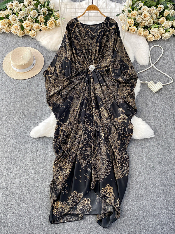 Ethnic Style Retro Printed Batwing Sleeve Dress for Women, Spring and Autumn French Style High-End Waist-Cinching Irregular Elegant Long Dress
