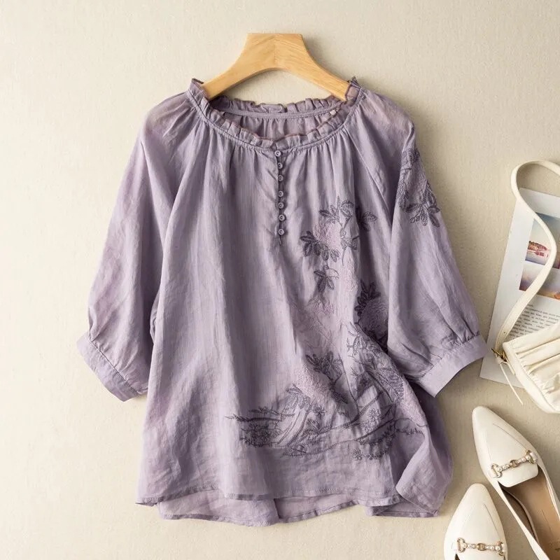 Cotton Embroidered Ruffle Half-Sleeve Shirt, Loose Fit, Summer Slimming Casual Thin Pullover Top