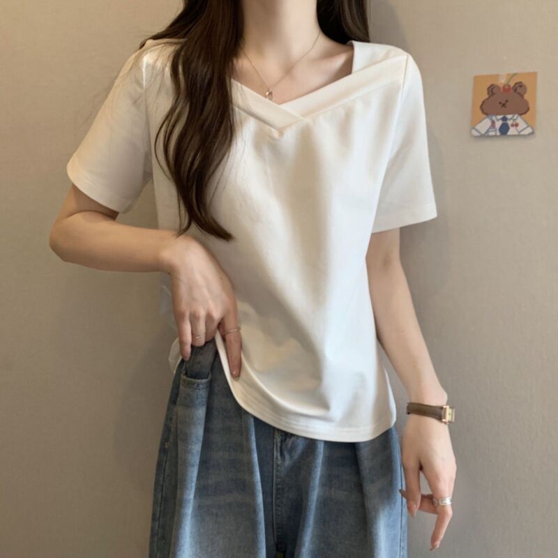 Plus Size Women's Shoulder Slim v Neck Short-sleeved T-shirt Top Summer Pure Cotton versatile Half-sleeved T-shirt 20 Trendyy