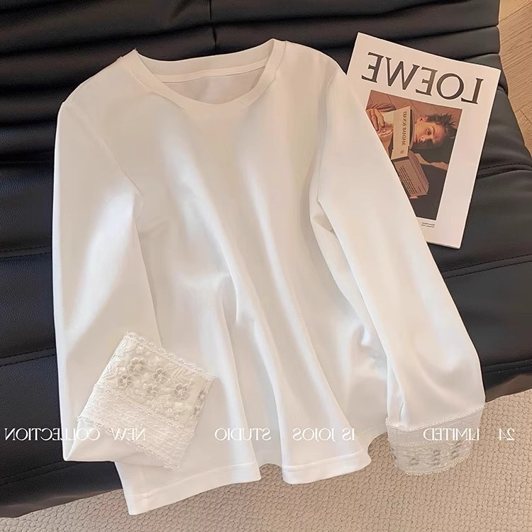 New Chinese-style White All-match Inner Long-sleeved T-shirt Women's 2025 Spring New Arrival Cuff Lace Stitching Long-sleeved Top