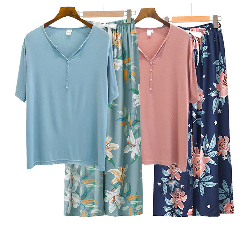 Cross-border Modal Spring and Summer Knitted Threaded V-neck Short-sleeved Cropped Pants Cotton Silk Wide-leg Loose Home Women's Pajamas