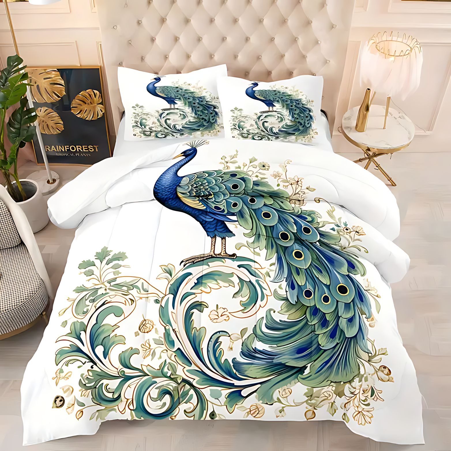 TEMU / JIT verde magnífico Peacock transfronterizo textil doméstico impresión digital HD 180gms colcha colcha ajuste de almohada