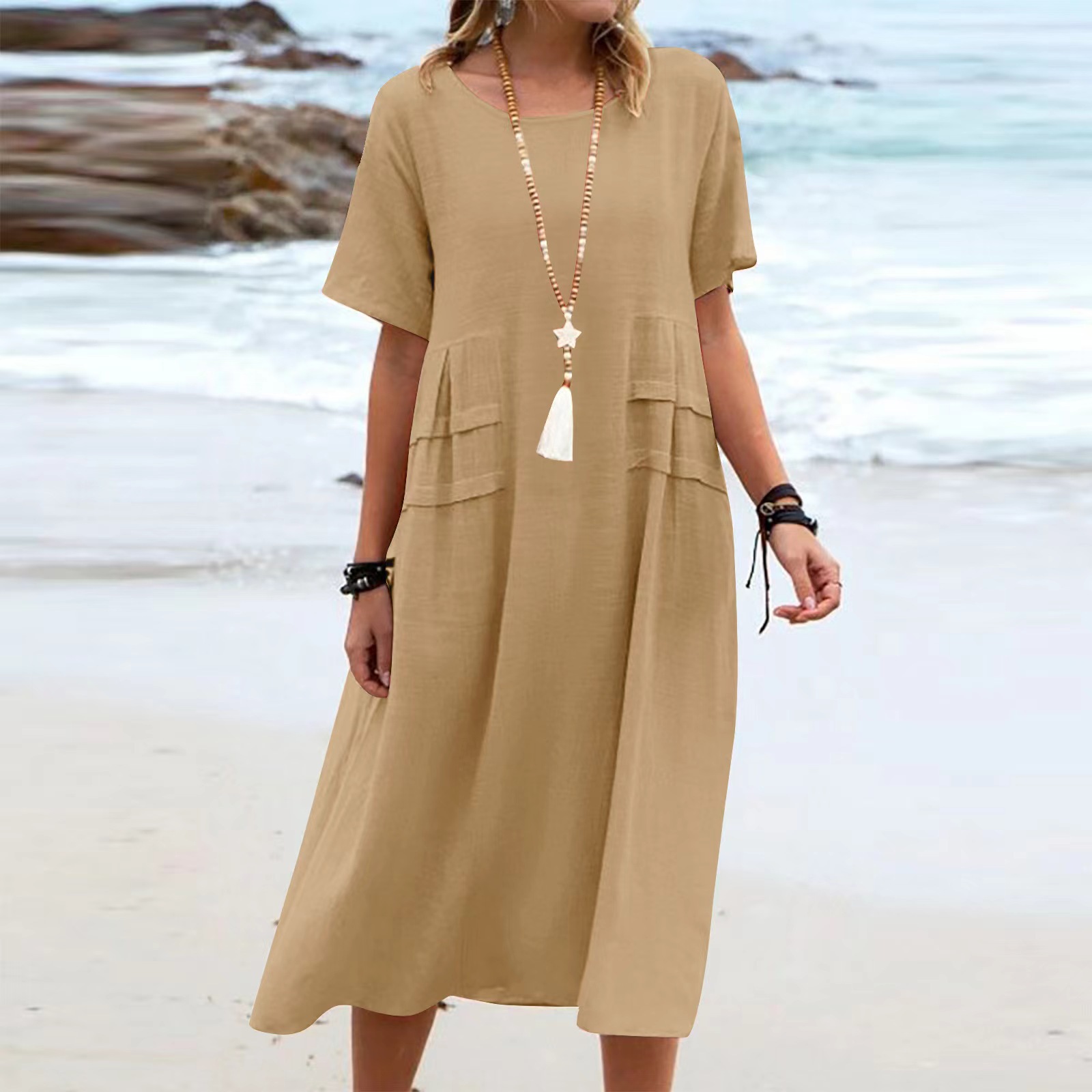 Robe d'été décontractée pour femme, coupe ample, col rond, manches courtes, longueur mi-longue, en coton et lin, couleur unie_voghion.com