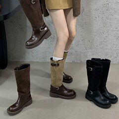 2025秋冬新款长筒靴女英伦复古中跟拼接圆头骑士靴皮带扣粗跟靴子