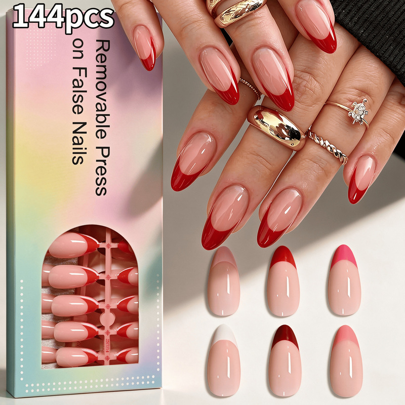 Cross-border 144-piece 6-color French almond-shaped nail tips, high-end vintage DIY detachable fake nail patches wholesale