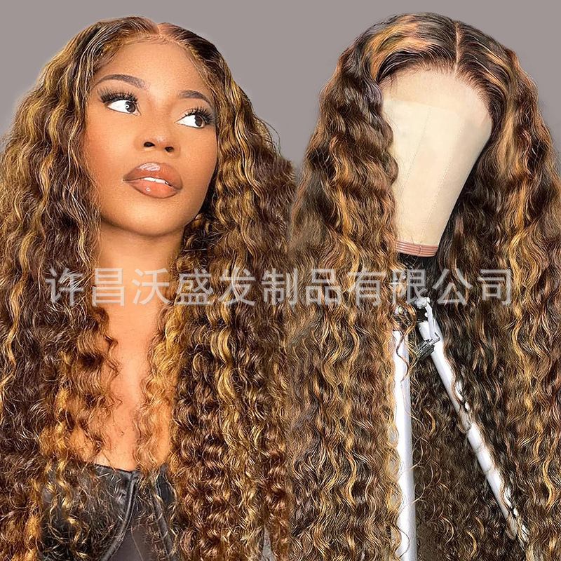 Piano color Highlight P4/27 Highlight Deep Curly Wig European and American hot selling real human hair head cover Piano color Highlight P4/27 Highlight Deep Curly Wig European and American hot selling real human hair head cover