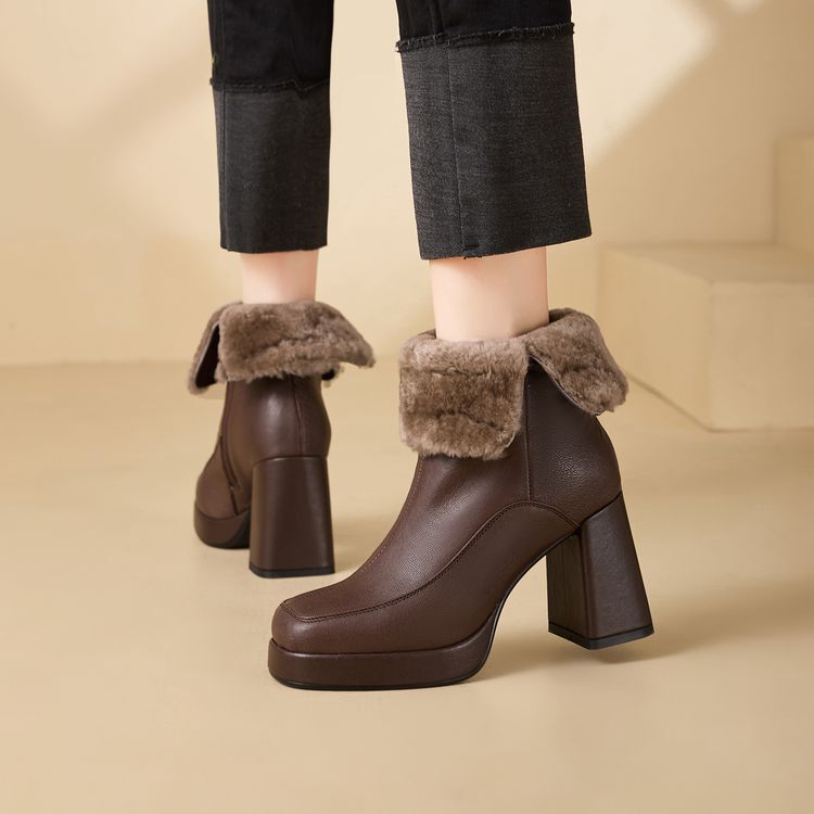 Northeast Boots Snow Boots Women's Winter Thick Velvet Wool Warm Large Cotton Shoes Cowhide Thick Heel High Heel Square Toe Ankle Boots