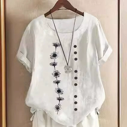 2023 летний новый стиль большой размер повседневный свободный хлопок льна с принтом одуванчик с короткими рукавами футболка хлопчатобумажная одежда женская одежда