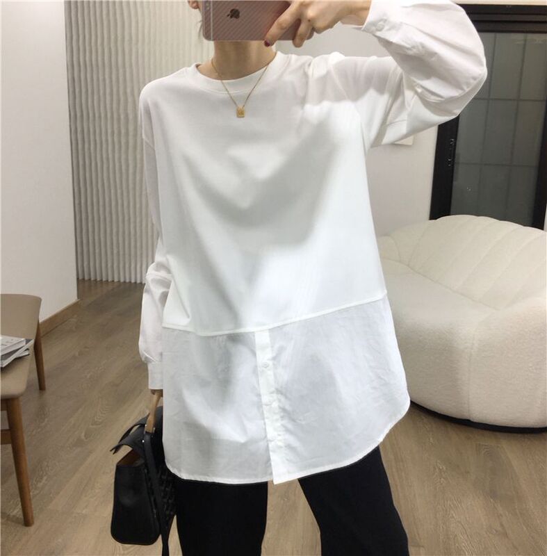 New Design Simple Cotton T-Shirt Splicing Shirt Korean Style Round Neck Loose White Long-Sleeved Bottoming Shirt