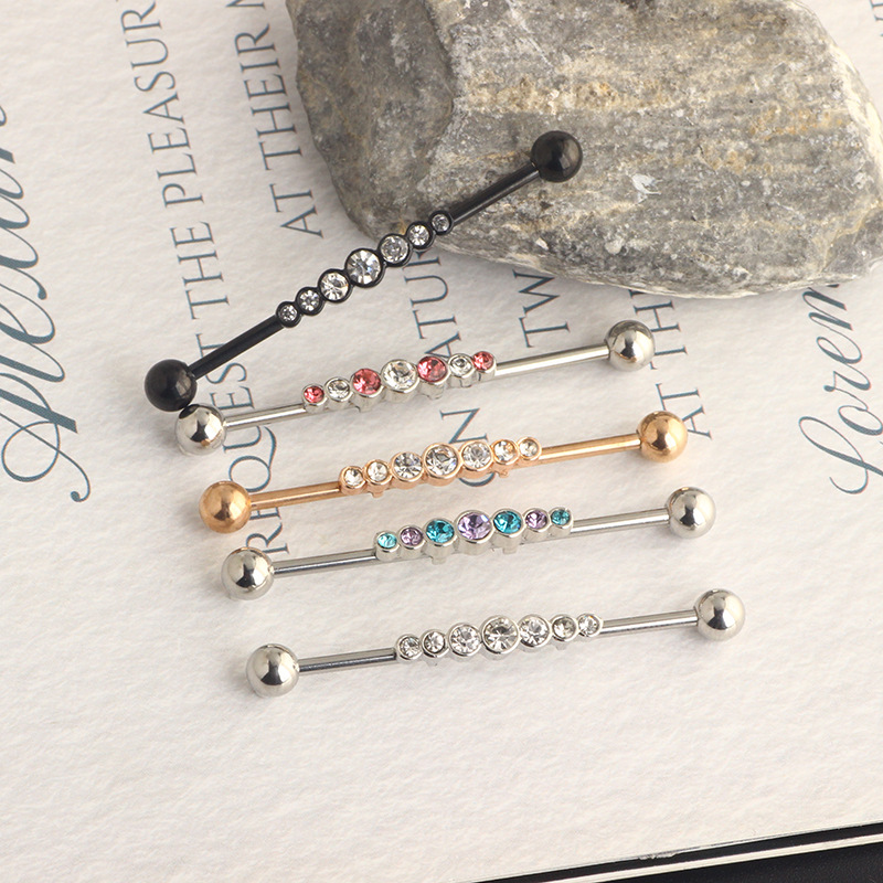 14G External Thread Industrial Barbell Earrings - 7-Drill Zircon Ear Bridge Double Hole Straight Rod for Piercing detail image 7