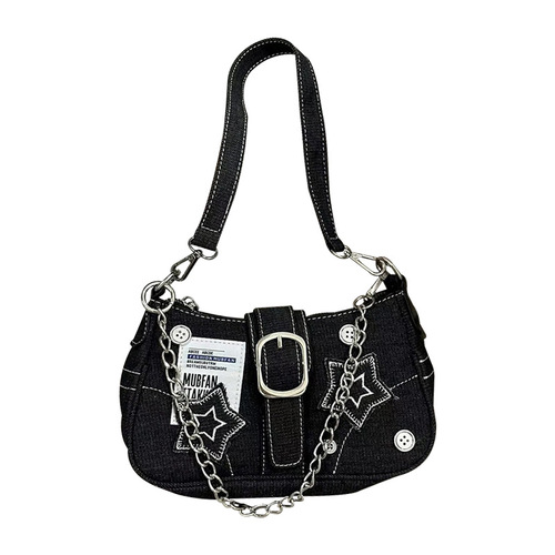 y2k New Stars Denim Armpit Bag Retro Patchwork Fashion Large Capacity Chain Shoulder Bag Women 