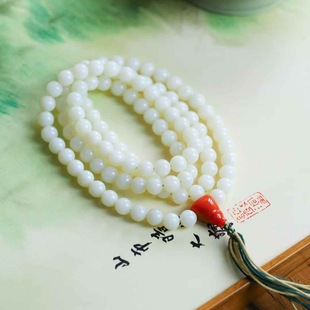 Natural Xinjiang Hetian Jade Factory Store Midal Material Mutton Fat Grade White Jade Simple Jade Beads 108 Bead Chain
