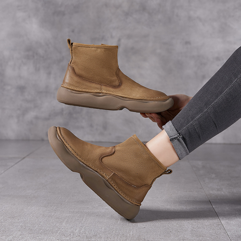 플래티넘 디시 가을과 겨울 새로운 싱글 가죽 여성 짧은 부츠 라운드 헤드 사이드 지퍼 패션 빈티지 1 층 소 가죽 두꺼운 바닥 마틴 부츠