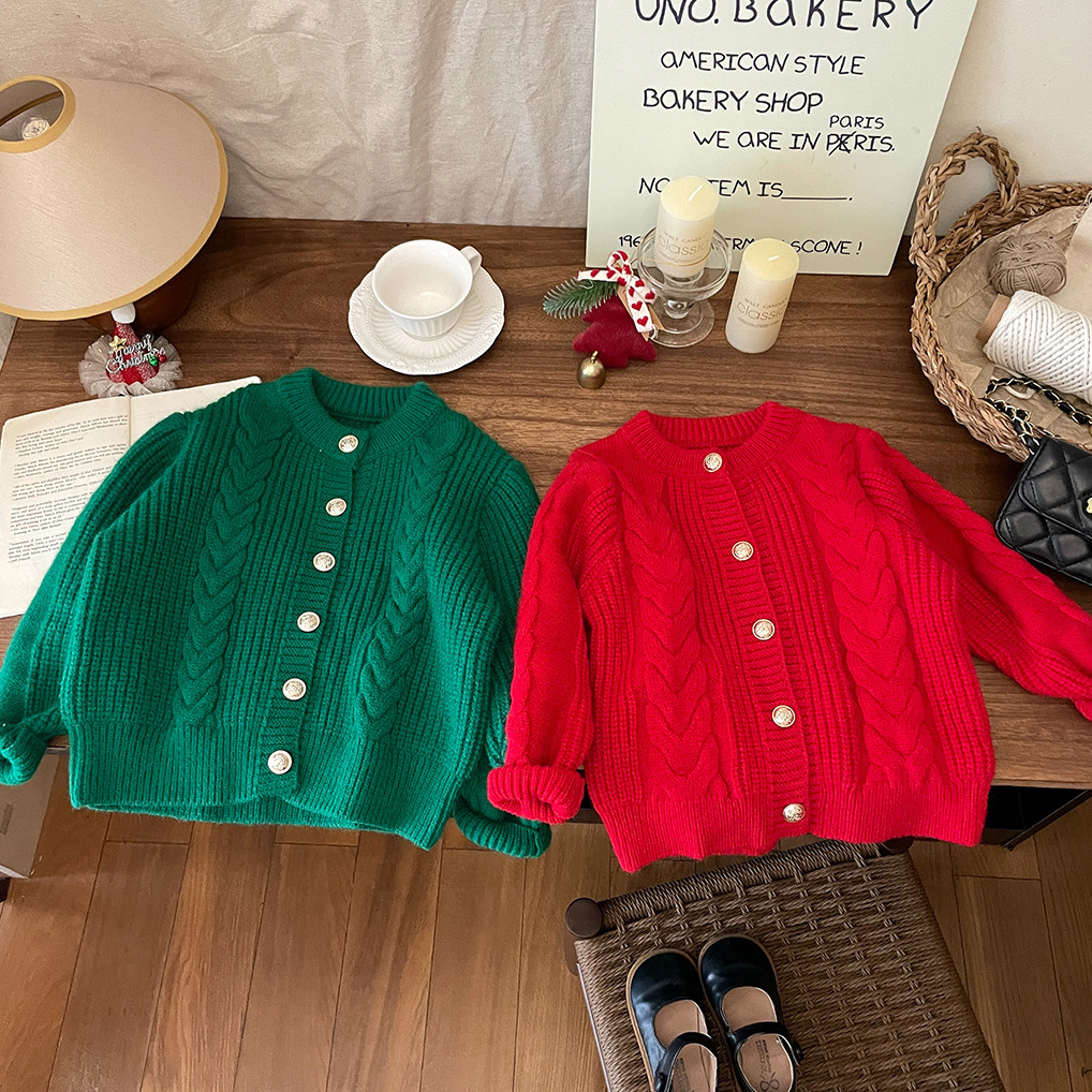 Han 24 Neue Baby-Kleidung Mädchen Rot Grün Fried Dough Twists Strickjacke Verdickt Gestrickte Pullover Mantel Mode Herbst und_voghion.com