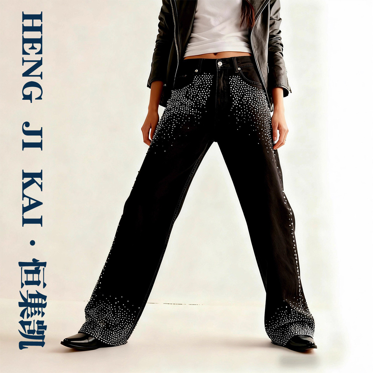 Cross-Border European and American New Style, Elastic Hot Diamond Straight Loose, Black Denim Women's Trousers