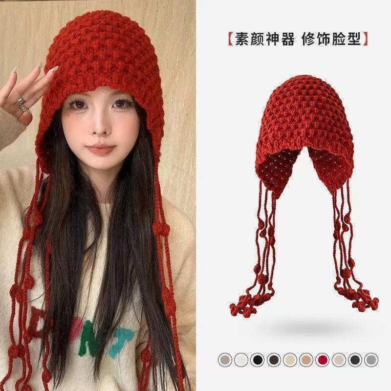 秋冬保暖毛线帽手工编织镂空包头帽女民族风流苏护耳套头针织帽子|undefined