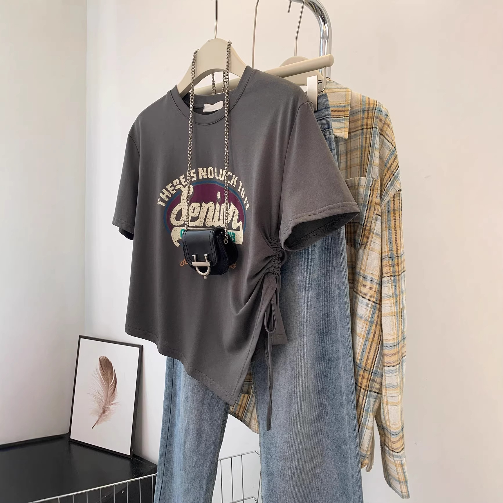 Official figure 1*1 threaded 210g short sleeve T-shirt women's summer 2025 short shoulder slim round neck jacket Korean women's clothing