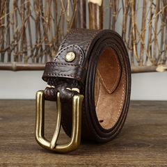 Thickened African Buffalo Leather Belt with Textured Vintage Finish, Featuring a Coarse Grain Design—New Arrival Men's Genuine Top-Grade Cowhide Denim Waistband with Tree-Leaf Pattern