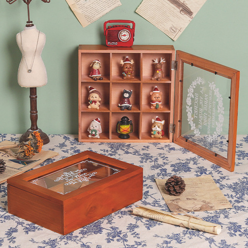 Zakka Retro Lided Wooden Box General Merchandise Dustproof Storage Box Action Figure Jewelry Display Cabinet Cosmetics Divided Trays