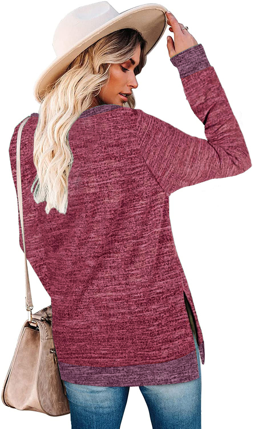 Women's Long Sleeved Round Neck Color Split Top Loose Casual Pullover T-shirt_voghion.com