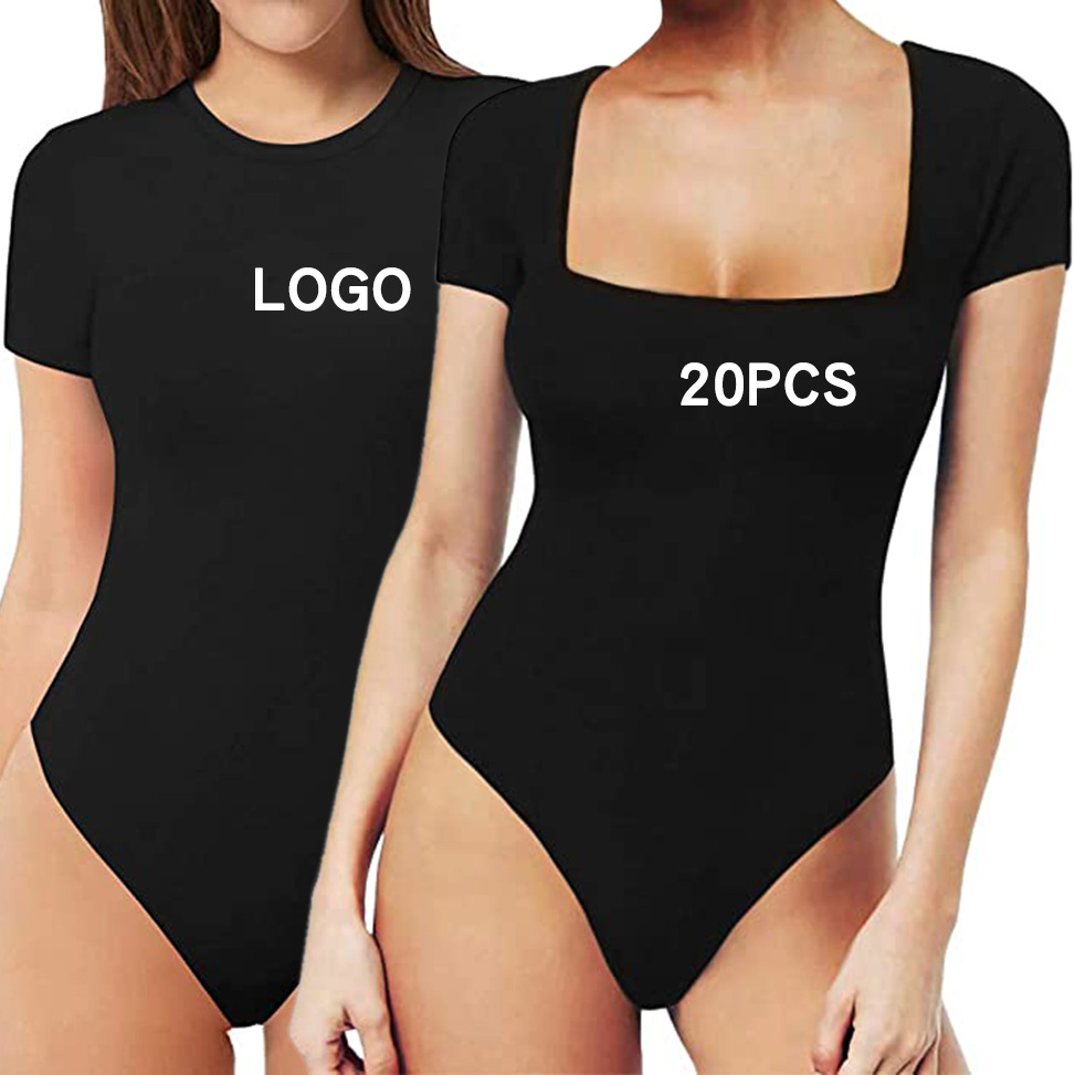 Mono apretado de cuello cuadrado de moda de mujer europea y americana color sólido Sexy Slim Plus Size manga corta Camiseta mono de mujer
