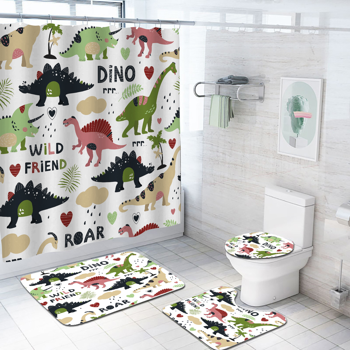 Cortina de ducha impermeable de poliéster, diseño de dinosaurio, serie de 4 piezas