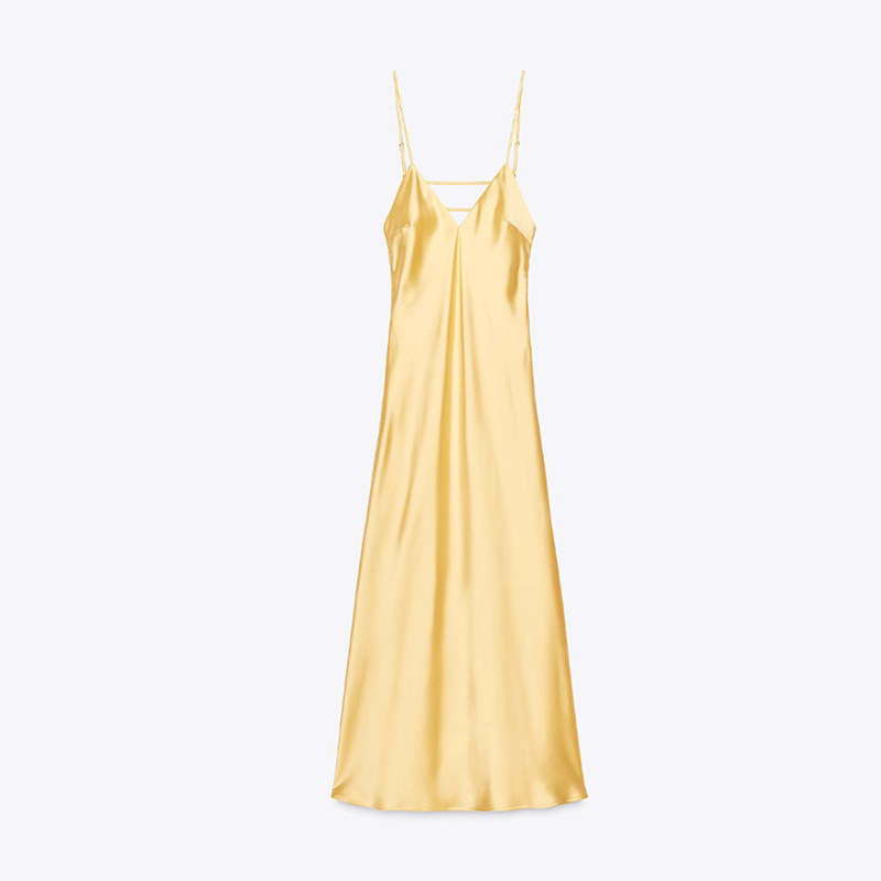 Backless Silk Satin Texted Sling dress European and American Cross-border 2025 Spring New Socialite Style Satin Dress