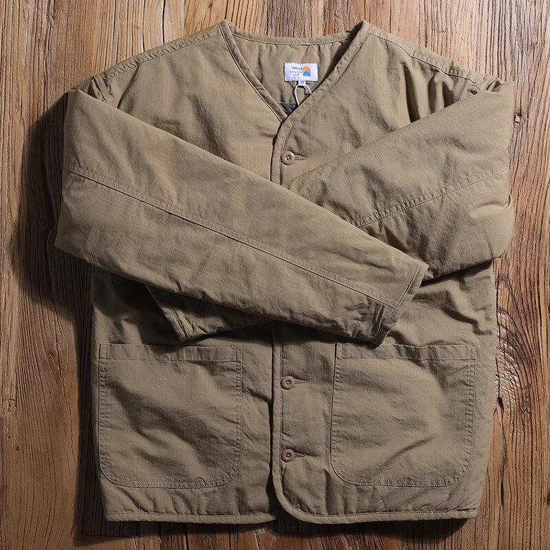 Japanese-Style Collarless Cotton Jacket for Men, Autumn and Winter Quilted Waterproof Warm Cotton Coat with Diamond-Shaped Lining Workwear Jacket