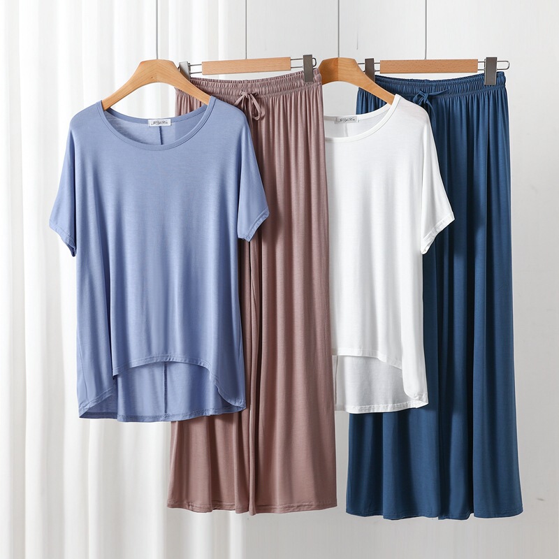Bit cotton front short back long short sleeve T-shirt wide leg pants home wear spring and autumn loose plus size color matching two-piece suit Bit cotton front short back long short sleeve T-shirt wide leg pants home wear spring and autumn loose plus size color matching two-piece suit