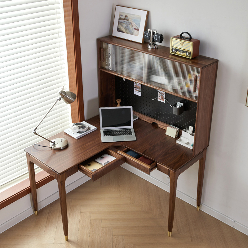 북미 블랙 호두 코너 책상 책장 간단한 솔리드 우드 L 자형 코너 컴퓨터 학습 사무실 책상 조합