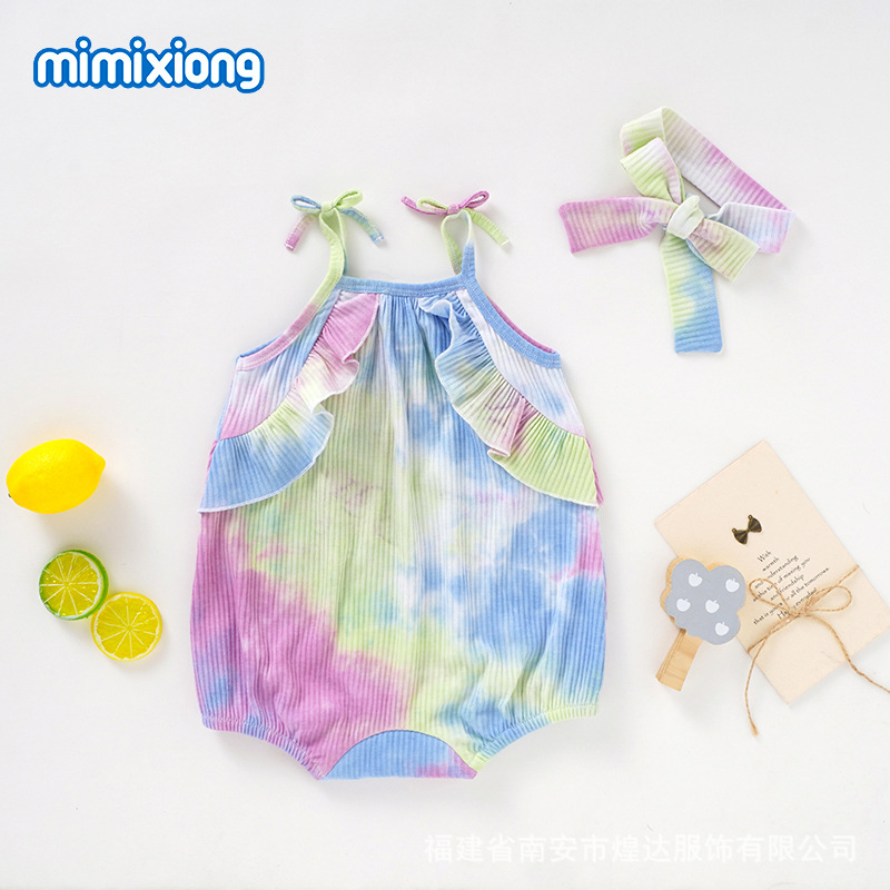 ins热卖女童荷叶花边吊带连体哈衣彩虹印染发带女童哈衣