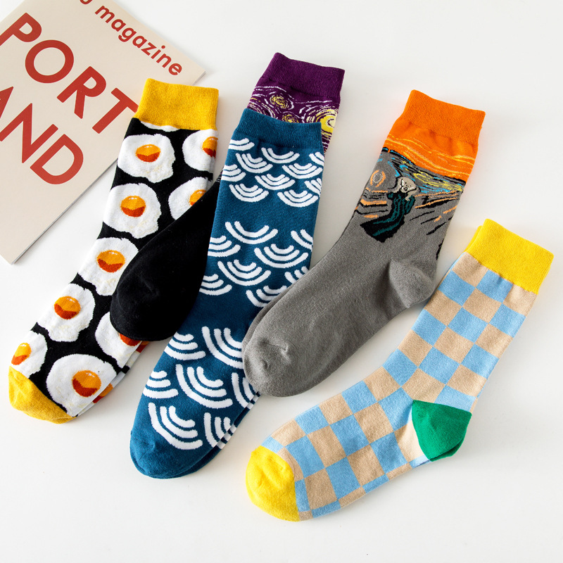 Calcetines de Comercio Exterior, Calcetines de Media Pantorrilla con Pintura al Óleo de Estilo Creativo Europeo y Americano, Calcetines Largos de Moda Transfronterizos, Calcetines de Algodón de Media Pantorrilla para Otoño e Invierno.