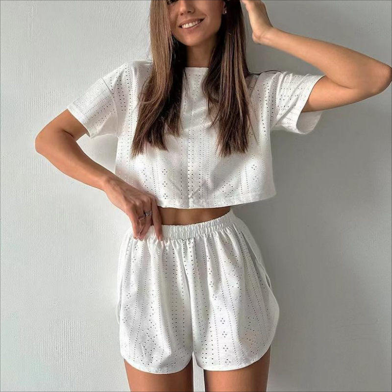 Cross-border 2026 Spring/Summer New European And American Sports Casual Outfit For Women, Solid Color Hollow Out Split_ecoleips.com