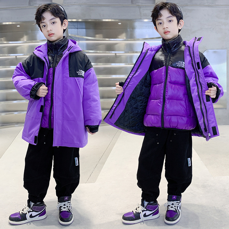 (2개) 소년의 두꺼운 겨울 코트 분리 가능한 충전 옷 3 대 1 소년 인터넷 기념 겨울 패션 코튼 옷 중 · 대형 어린이